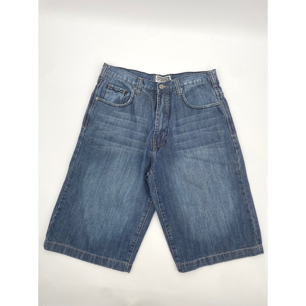 VTG Route 66 Denim Shorts Mens 32 Blue Jorts Grunge Y2K Wide‎ Leg Embroidered